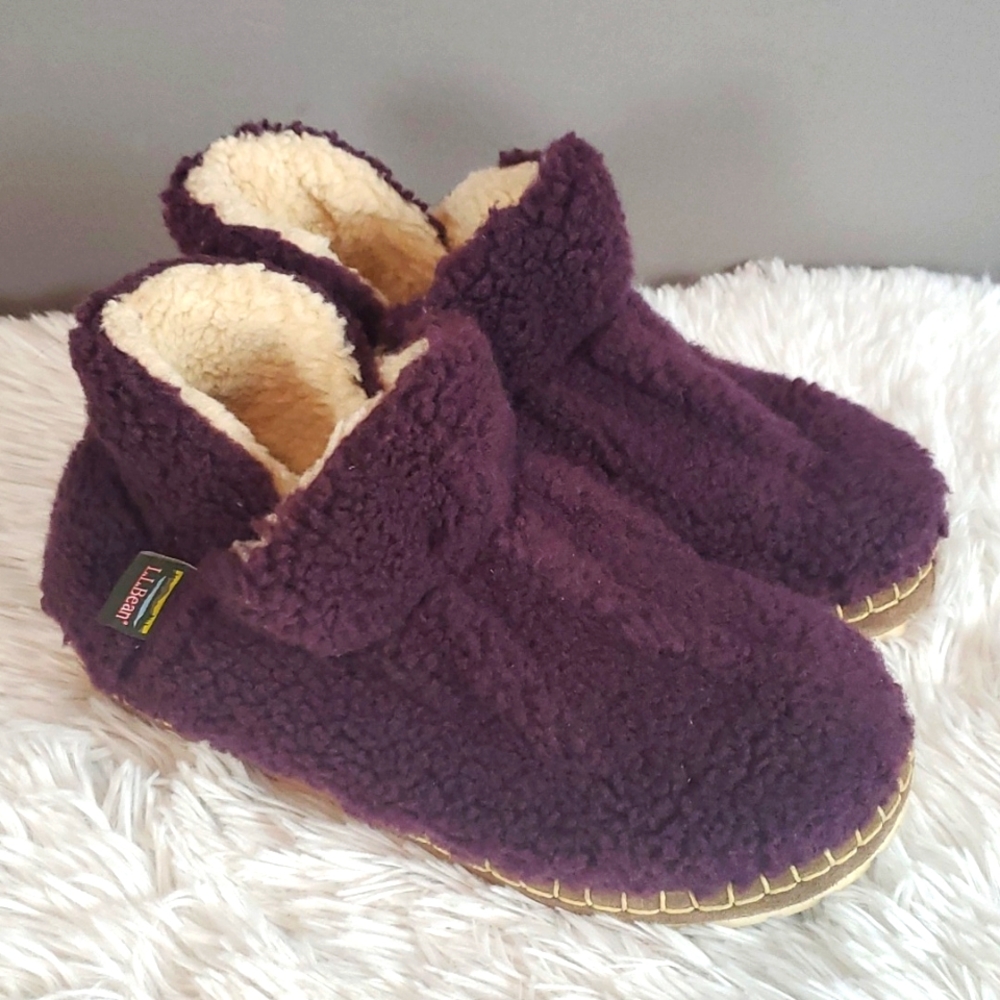 L.L.Bean Women's Cozy Slipper Booties Pile Fleece, Plum, Women's Size 6